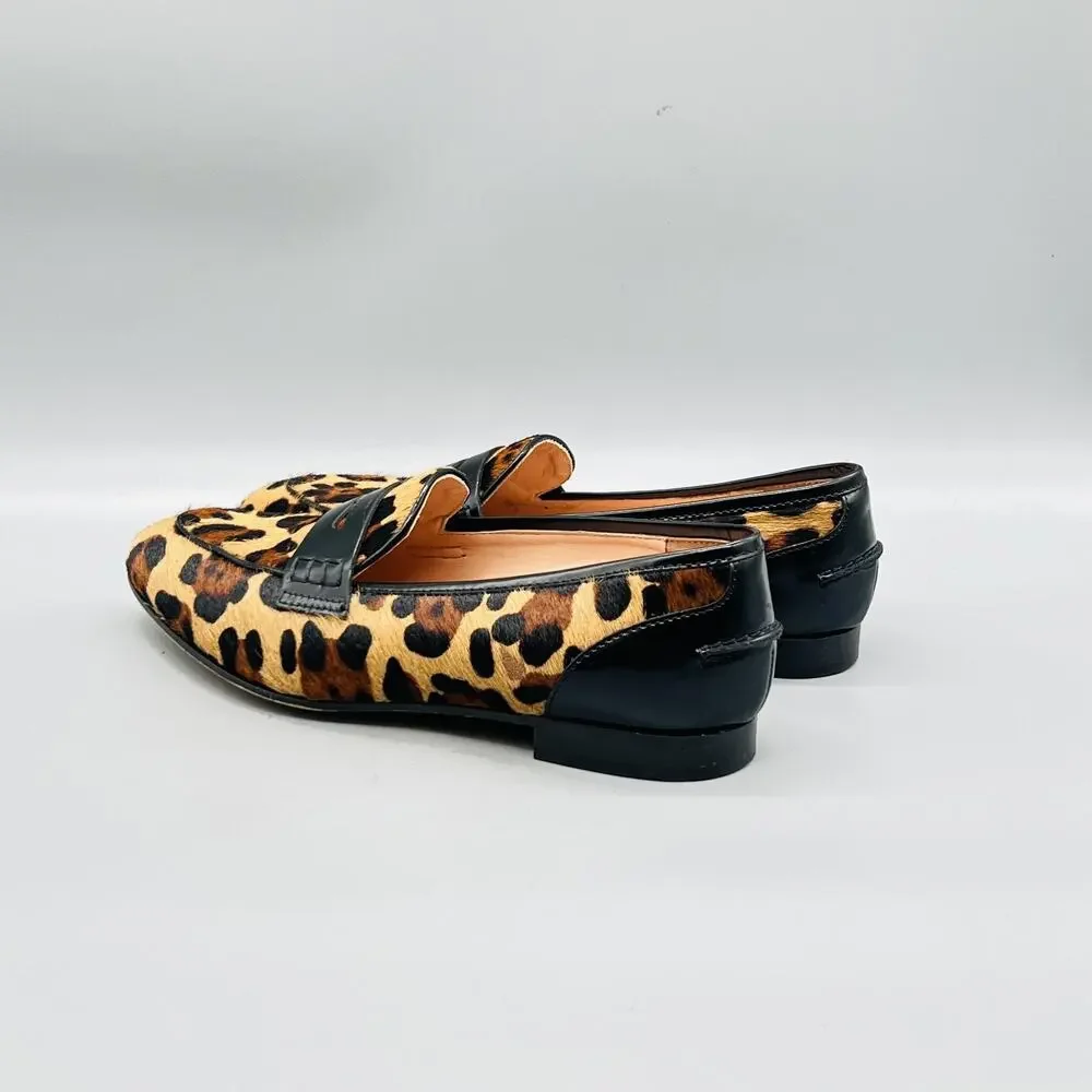J Crew Shoes Womens 7.5 Brown Leopard Print Leather Penny Loafer Flats Slip On